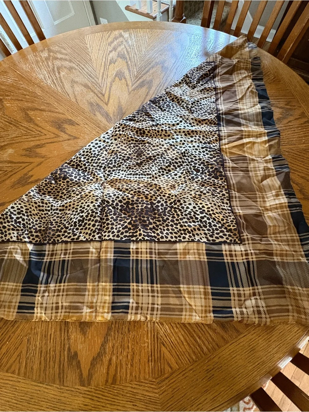Echo 100% silk Plaid Border Leopard Print Scarf - Brown